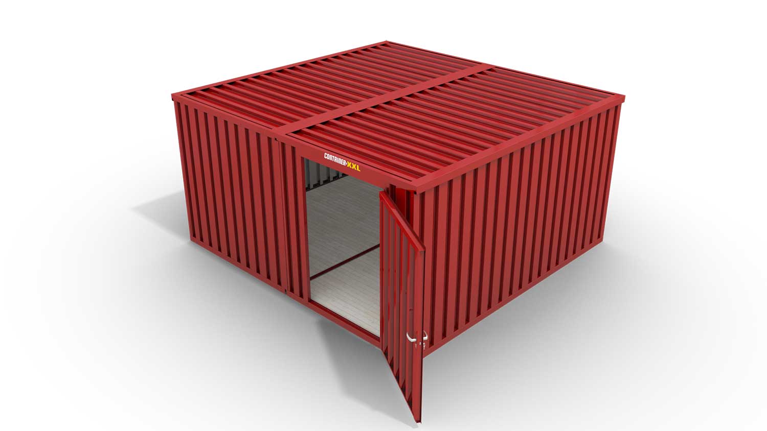 Lagercontainer M2  – 12 qm, H2150 x B3050 x T4340 mm, Außenwandlackierung RAL 3000 feuerrot, Dach außen verzinkt, mit Holzfußboden, 1270 mm Einflügeltür mittig in Modul D, montiert