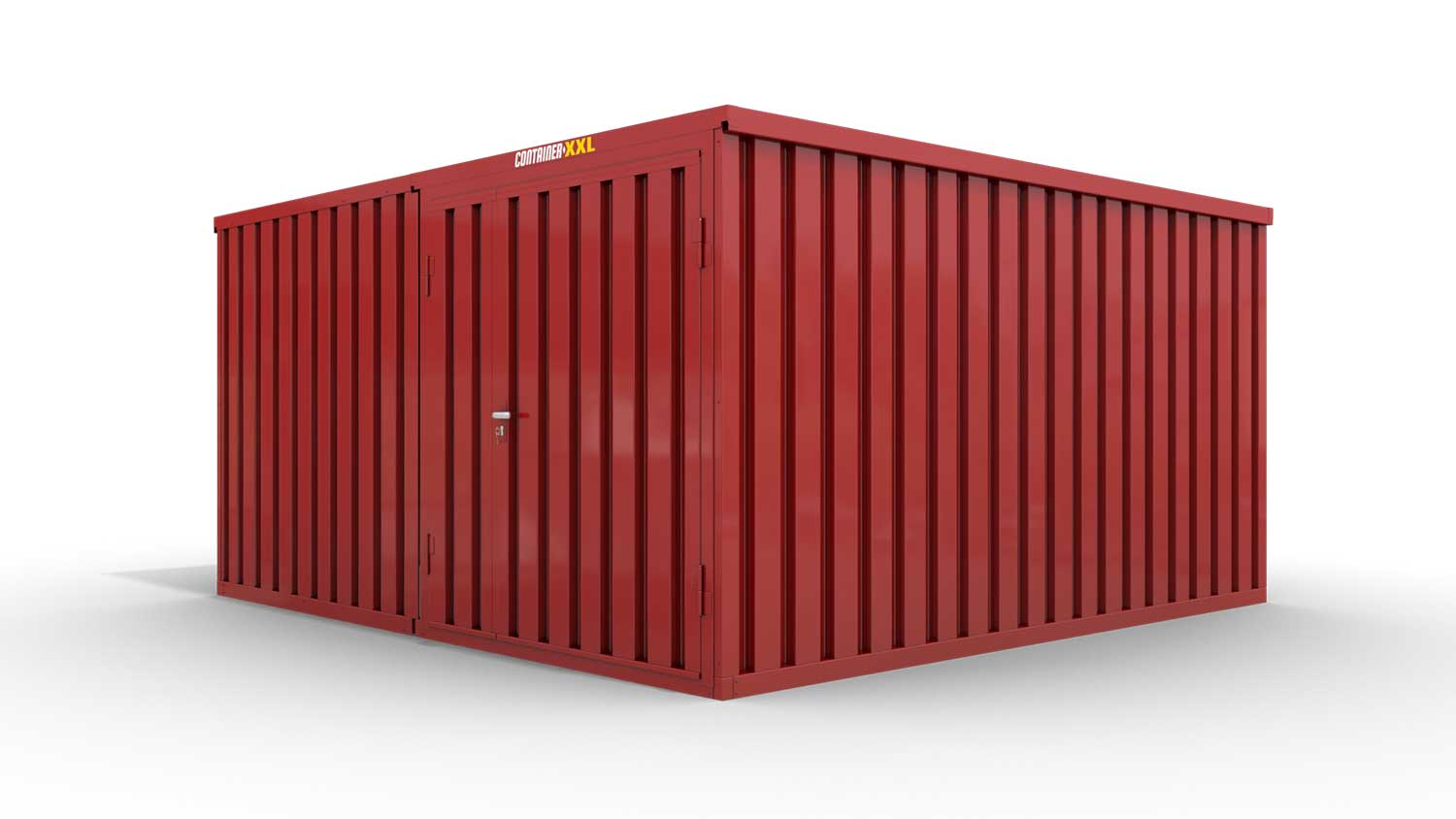 Lagercontainer M2  – 12 qm, H2150 x B3050 x T4340 mm, Außenwandlackierung RAL 3000 feuerrot, Dach außen verzinkt, mit Holzfußboden, 1830 mm Doppelflügeltür mittig in Modul D, montiert