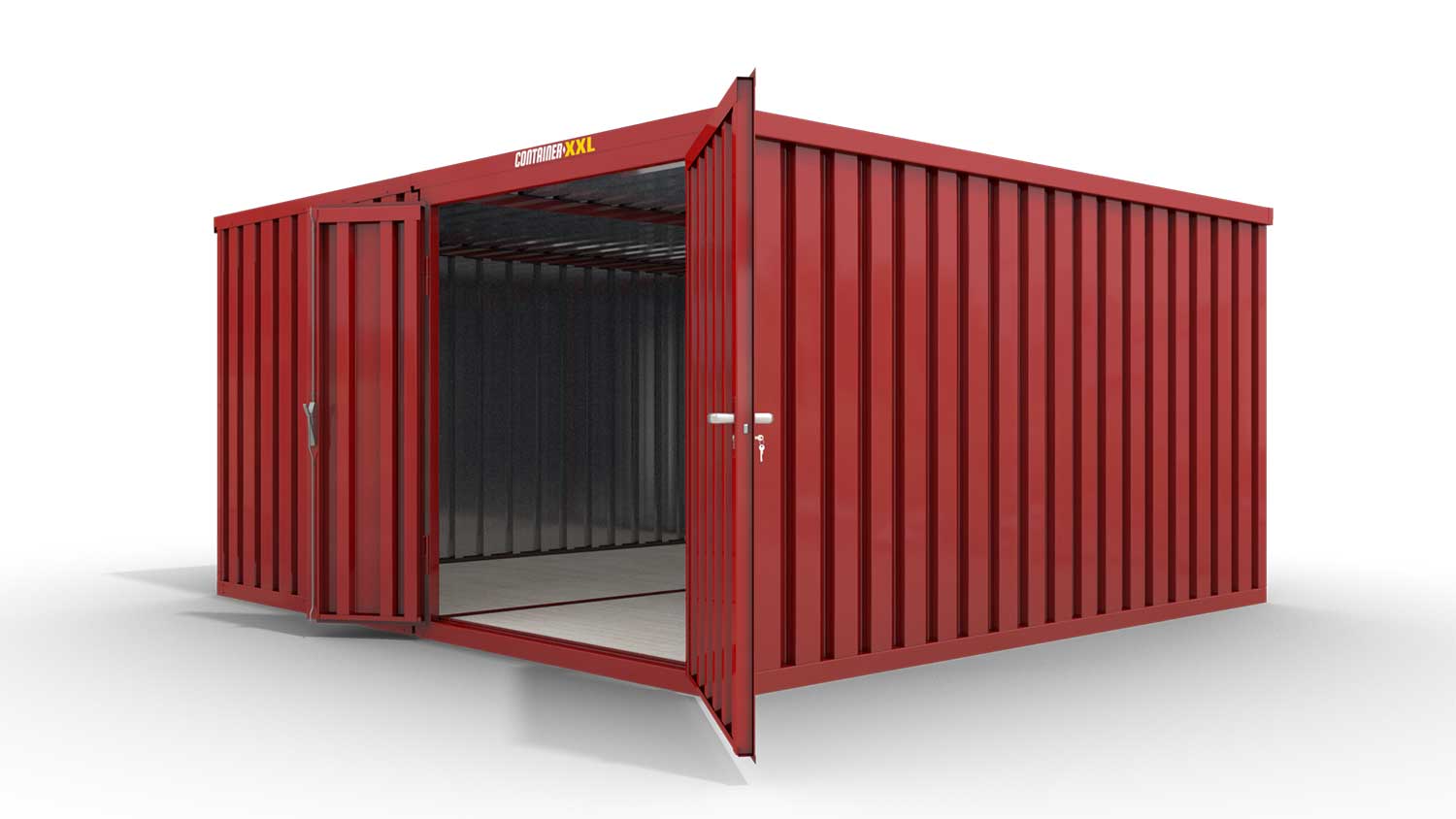 Lagercontainer L2  – 16 qm, H2150 x B4050 x T4340 mm, Außenwandlackierung RAL 3000 feuerrot, Dach außen verzinkt, mit Holzfußboden, 1830 mm Doppelflügeltür mittig in Modul D, montiert