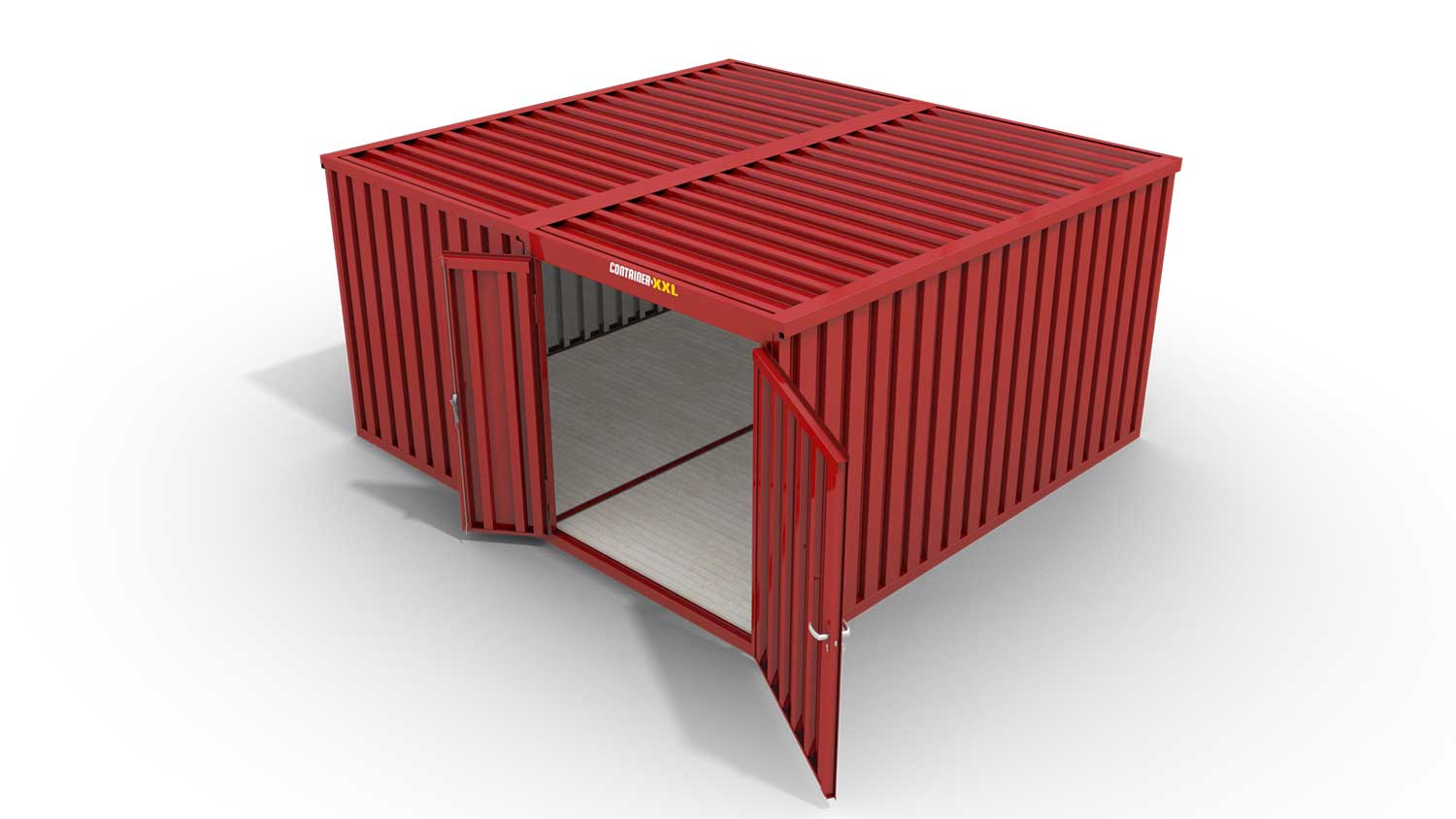 Lagercontainer L2  – 16 qm, H2150 x B4050 x T4340 mm, Außenwandlackierung RAL 3000 feuerrot, Dach außen verzinkt, mit Holzfußboden, 1830 mm Doppelflügeltür mittig in Modul D, montiert