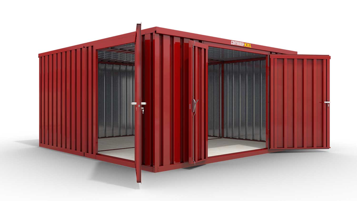 Lagercontainer XL2  – 21 qm, H2150 x B5080 x T4340 mm, Außenwandlackierung RAL 3000 feuerrot, Dach außen verzinkt, mit Holzfußboden, 1830 mm Doppelflügeltür mittig in Stirnseite und 1270 mm Einflügeltür mittig in Modul C, montiert