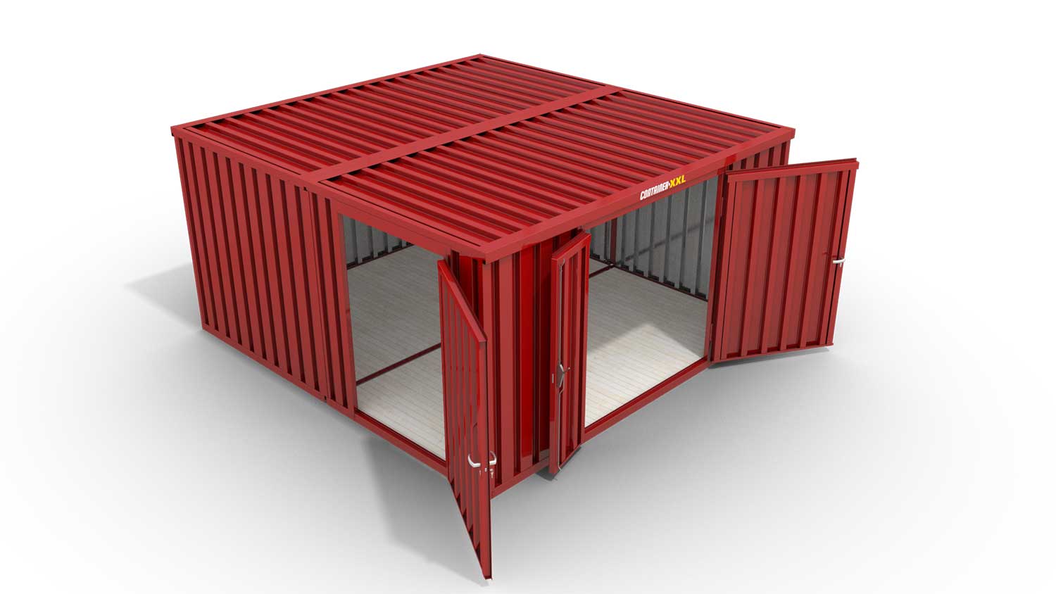 Lagercontainer M2  – 12 qm, H2150 x B3050 x T4340 mm, Außenwandlackierung RAL 3000 feuerrot, Dach außen verzinkt, mit Holzfußboden, 1830 mm Doppelflügeltür mittig in Stirnseite und 1270 mm Einflügeltür mittig in Modul C, montiert