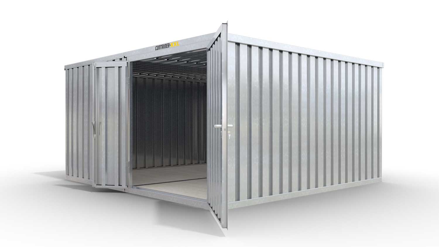 Lagercontainer L2  – 16 qm, H2150 x B4050 x T4340 mm, verzinkt, mit Holzfußboden, 1830 mm Doppelflügeltür mittig in Modul D, zerlegt