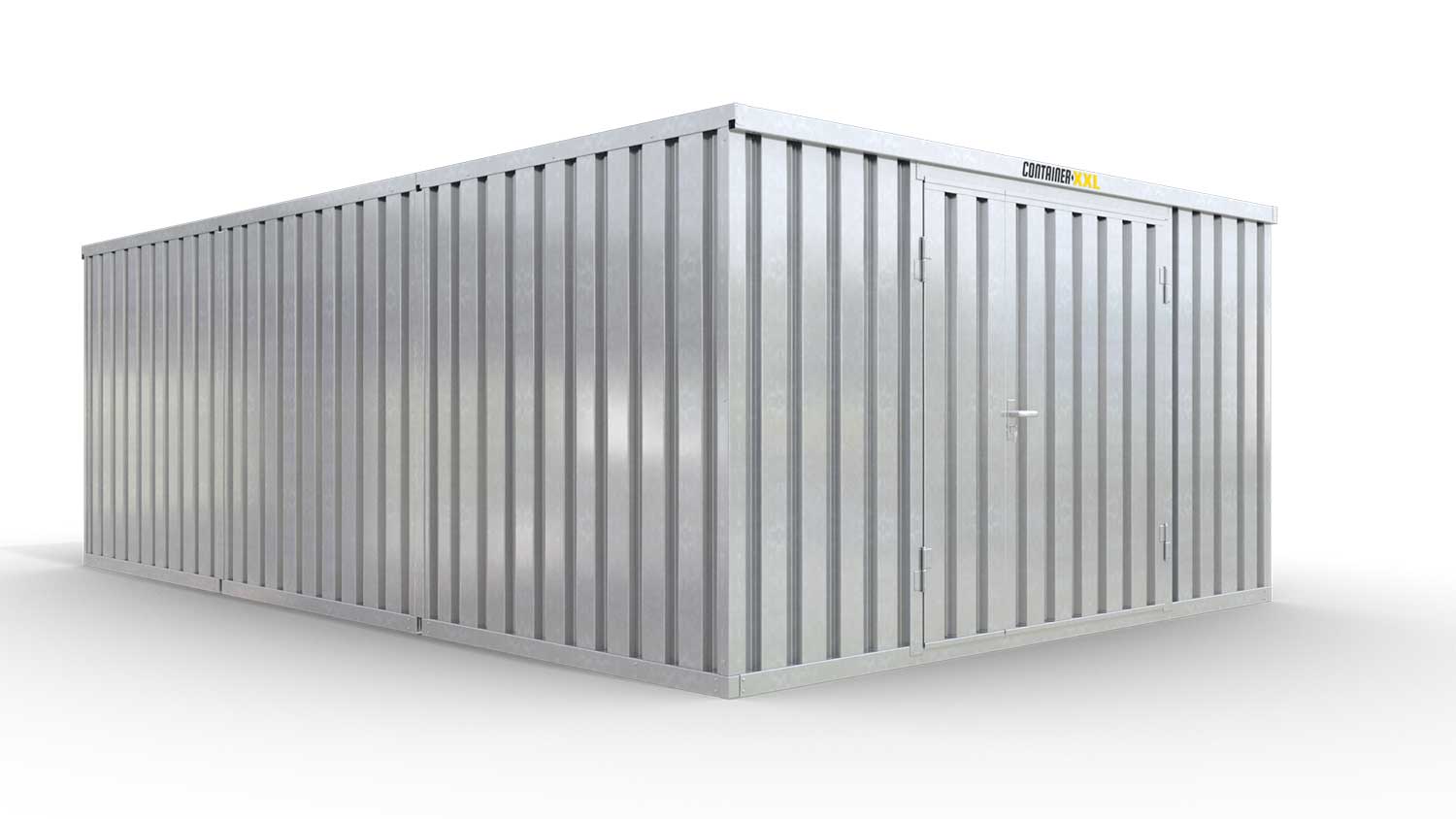 Lagercontainer XL3  – 32 qm, H2150 x B5080 x T6520 mm, verzinkt, mit Holzfußboden, 1830 mm Doppelflügeltür mittig in Stirnseite, zerlegt