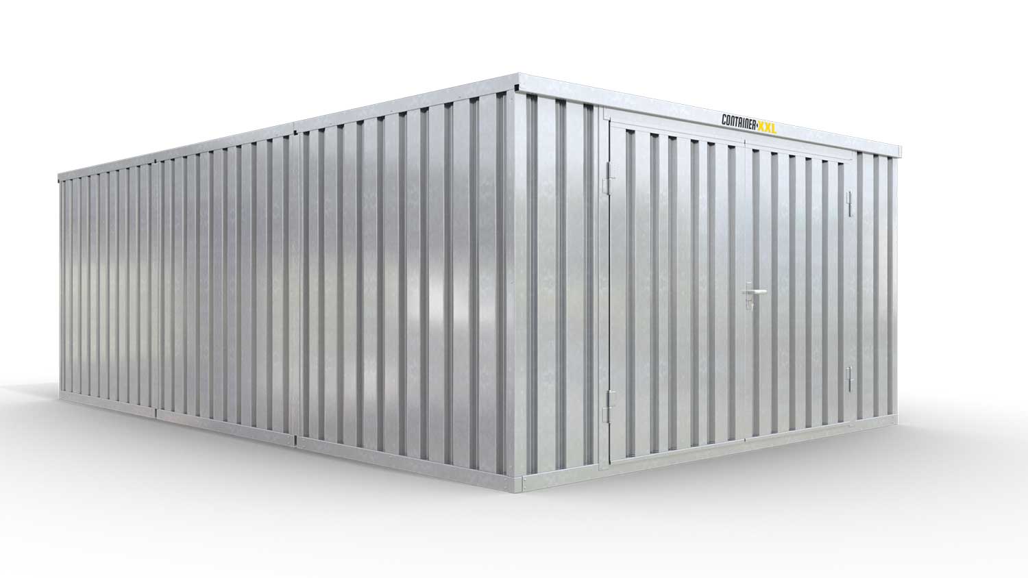 Lagercontainer XL3  – 32 qm, H2150 x B5080 x T6520 mm, verzinkt, mit Holzfußboden, 2750 mm Doppelflügeltür mittig in Stirnseite, zerlegt