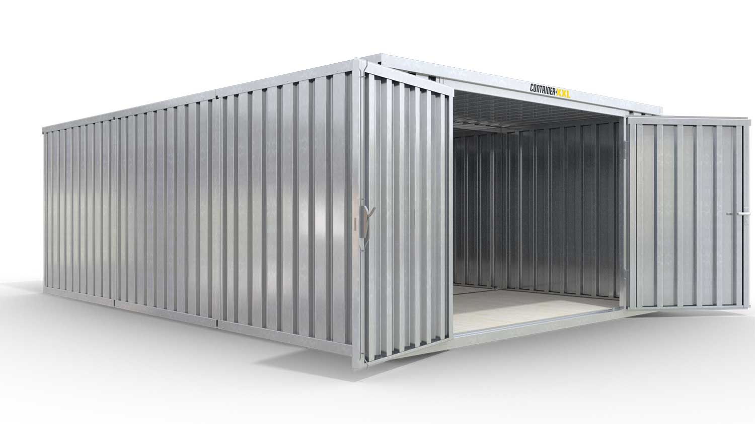 Lagercontainer XL3  – 32 qm, H2150 x B5080 x T6520 mm, verzinkt, mit Holzfußboden, 2750 mm Doppelflügeltür mittig in Stirnseite, zerlegt