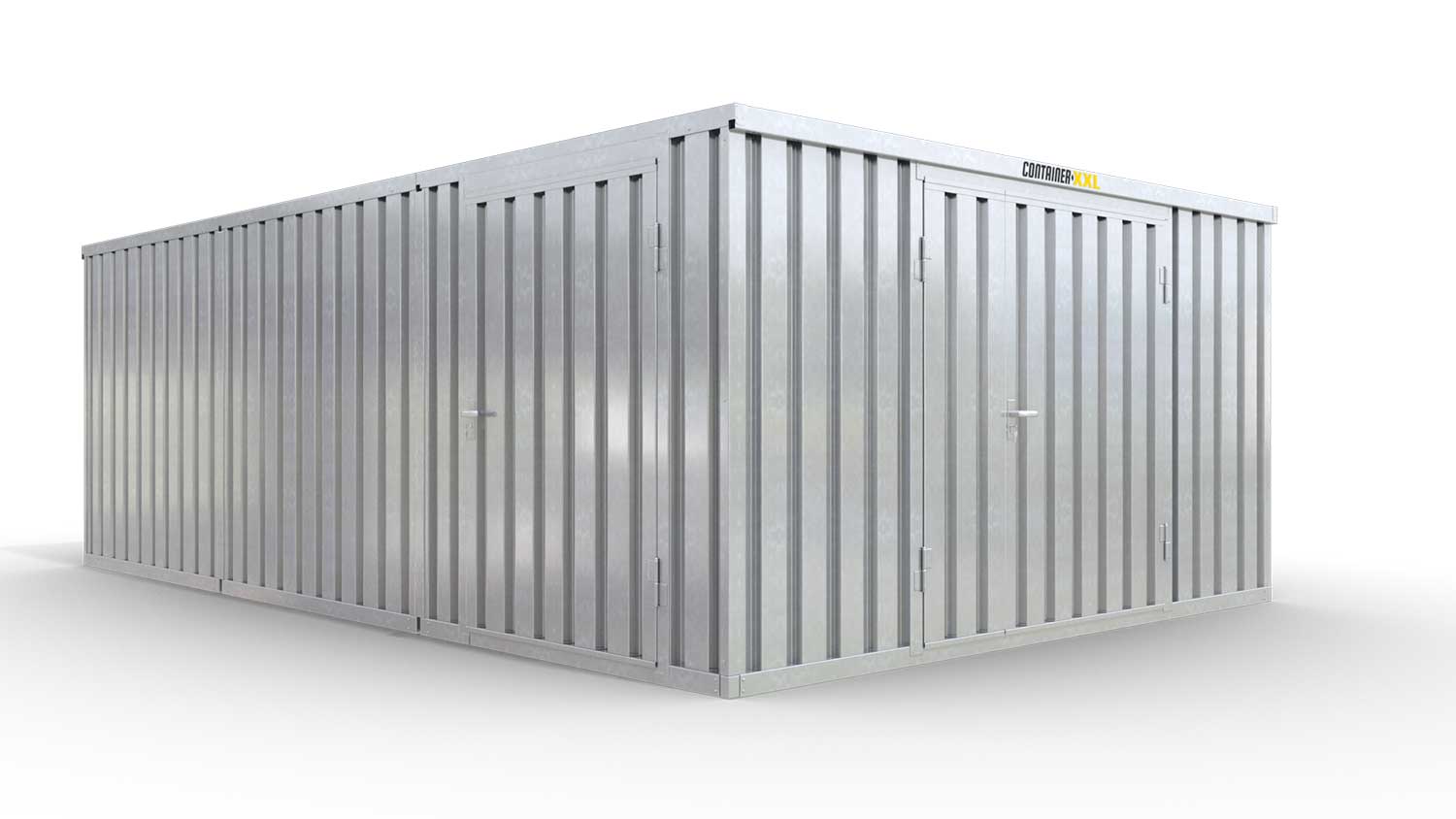 Lagercontainer XL3  – 32 qm, H2150 x B5080 x T6520 mm, verzinkt, mit Holzfußboden, 1830 mm Doppelflügeltür mittig in Stirnseite und 1270 mm Einflügeltür mittig in Modul C, zerlegt