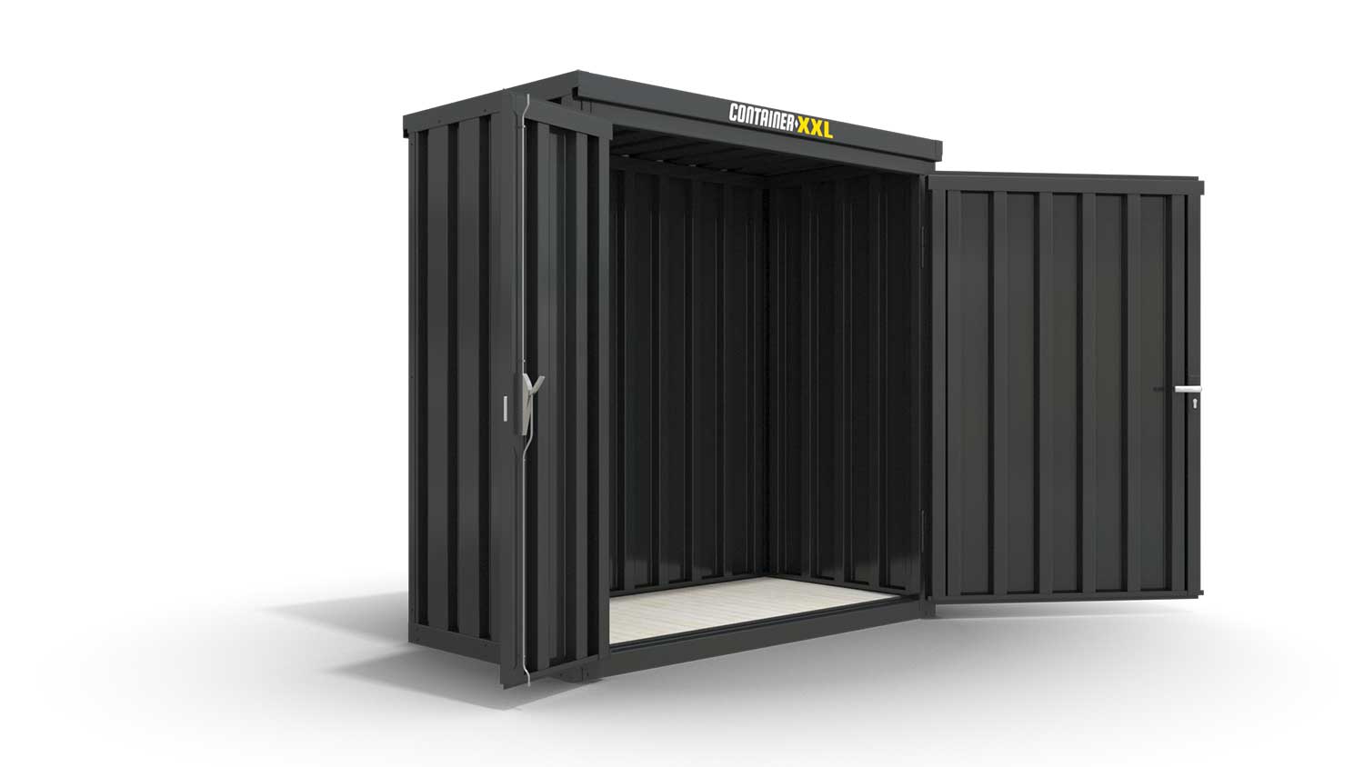 Lagercontainer XS  – 2 qm, H2150 x B2100 x T1140 mm, Außenwandlackierung anthrazit, Dach außen verzinkt, mit Holzfußboden, 1830 mm Doppelflügeltür mittig in Breitseite, montiert