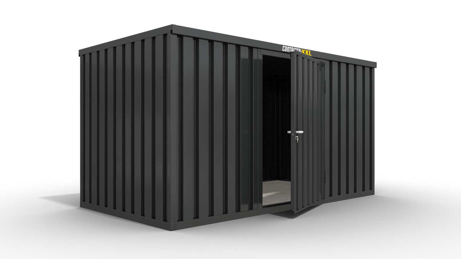 Lagercontainer M  – 6 qm, H2150 x B3050 x T2170 mm, Außenwandlackierung anthrazit, Dach außen verzinkt, mit Holzfußboden, 1270 mm Einflügeltür mittig in Breitseite, montiert