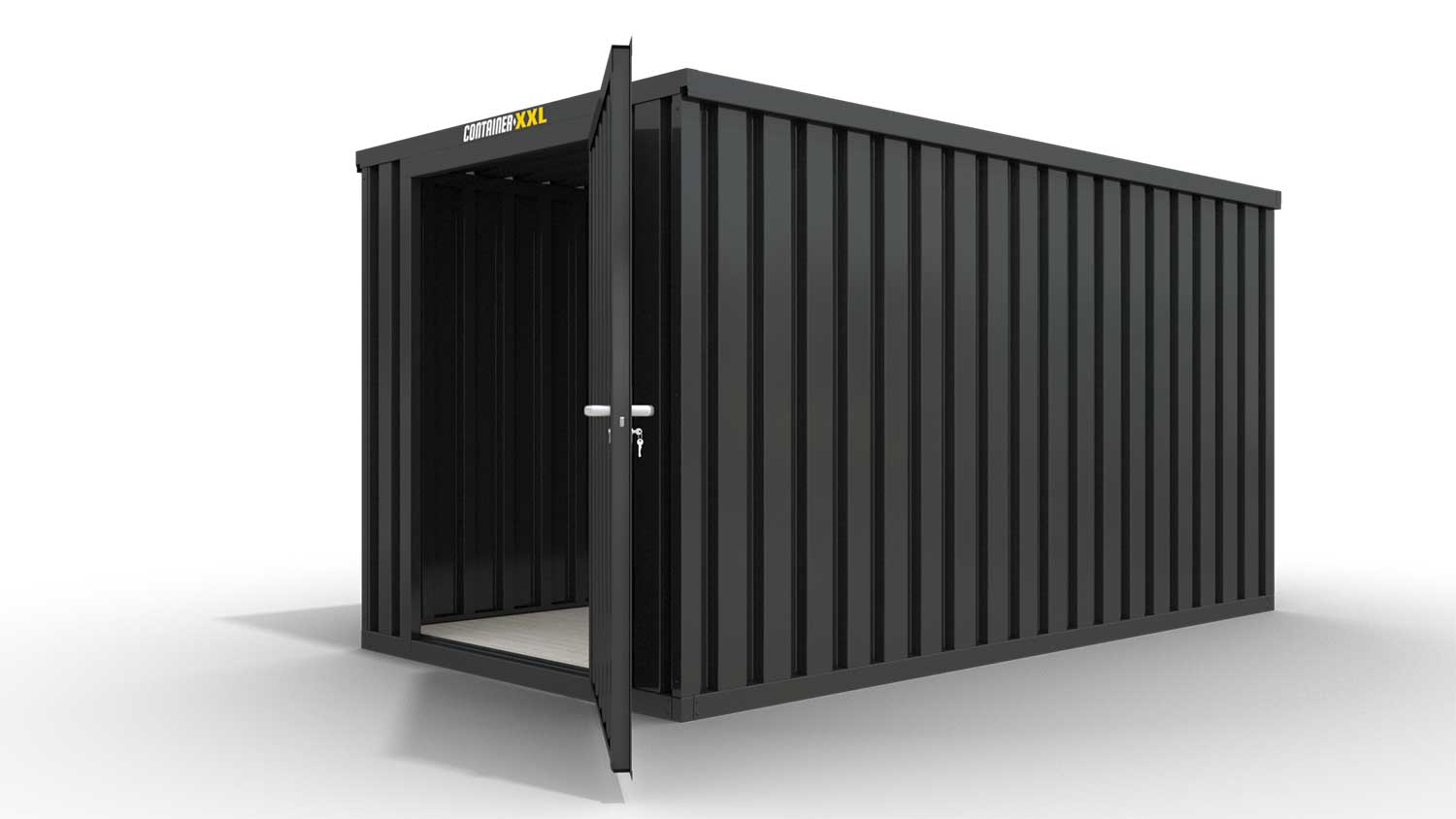 Lagercontainer XL  – 10 qm, H2150 x B5080 x T2170 mm, Außenwandlackierung anthrazit, Dach außen verzinkt, mit Holzfußboden, 1270 mm Einflügeltür mittig in Stirnseite, montiert